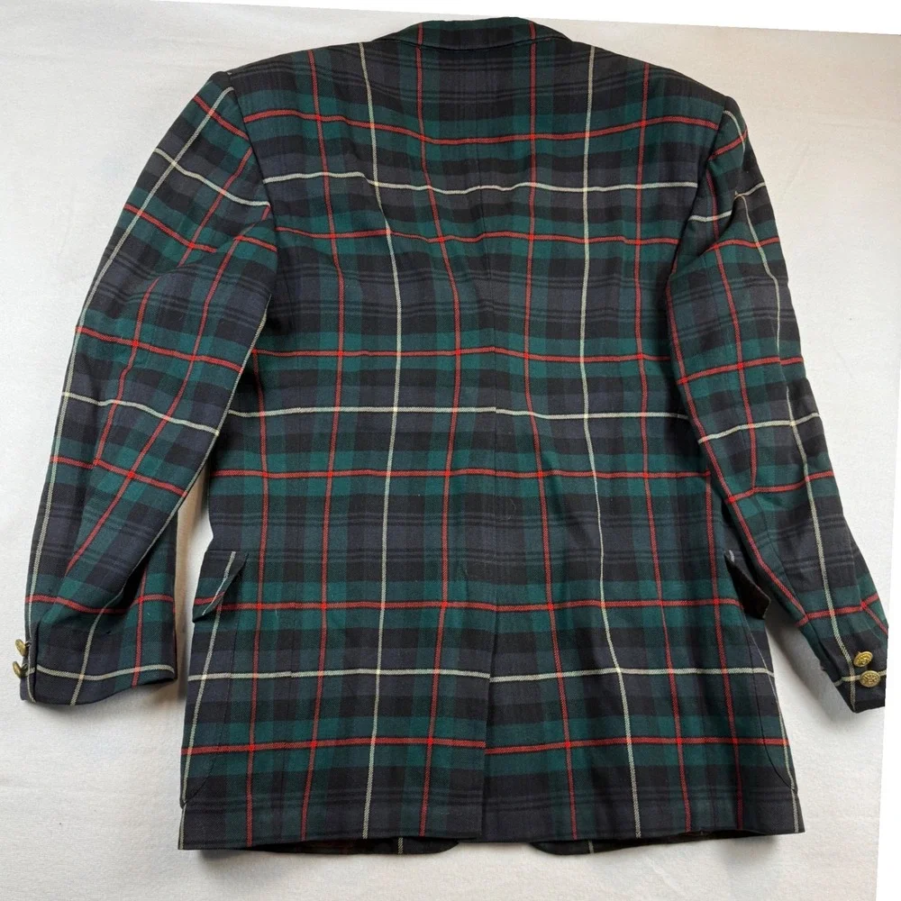 Fruhauf New York Mens Plaid Blazer Large Green Navy Tartan Gold Crest Buttons